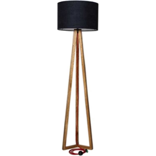Wysoka lampa stojąca na trzech nogach z litego drewna dębowego, wykończona czarnym welurowym abażurem
